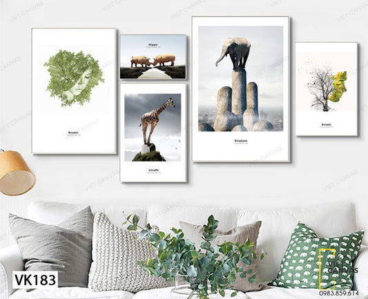 Bộ 5 Tranh Voi, Hươu Cao Cổ, Tê Giác Và Khuôn Mặt - VK183