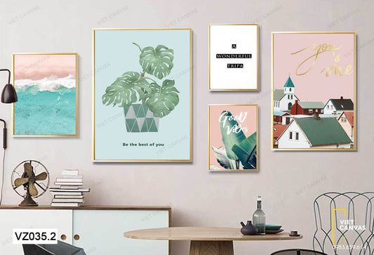 Bộ 5 Tranh Chậu Cây, Lá Chuối, Mái Ngói, Bãi Biển Và Quotes - VZ035.2