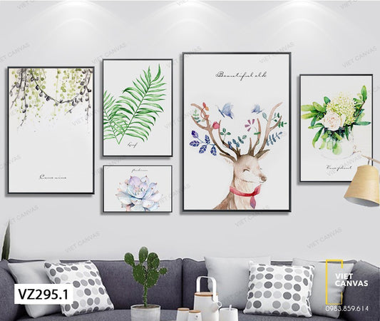 Bộ 5 Tranh Hoa, Lá Và Hươu - VZ295.1