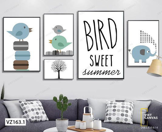 Bộ 5 Tranh Chim, Voi, Cây Khô Và Quotes - VZ163.1
