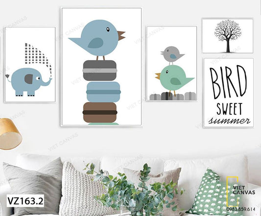Bộ 5 Tranh Chim, Voi, Cây Và Quotes - VZ163.2