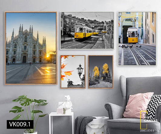 Bộ 5 Tranh Chiếc Xe, Tòa Nhà, Đèn Đường Và Khu Rừng - VK009.1