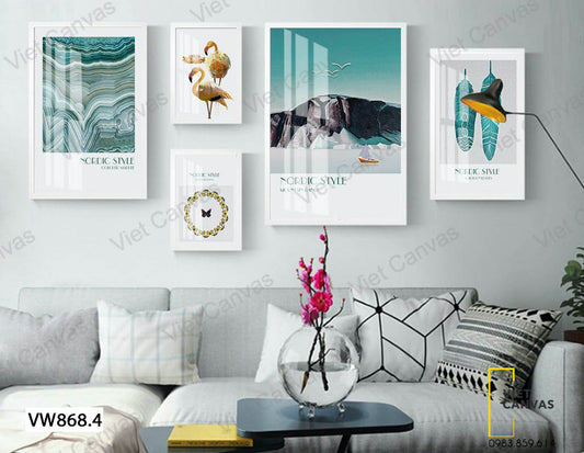 Bộ 5 Tranh Hạc, Bướm, Đỉnh Núi, Lông Vũ Và Trừu Tượng - VW868.4