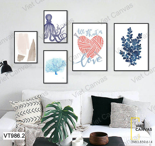 Bộ 5 Tranh Bạch Tuộc Và Lá Cây - VT986.2