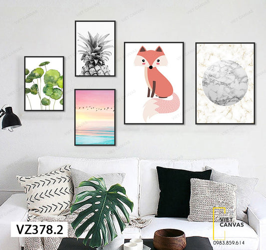 Bộ 5 Tranh Cáo, Đàn Chim, Dứa Và Lá Xanh - VZ378.2