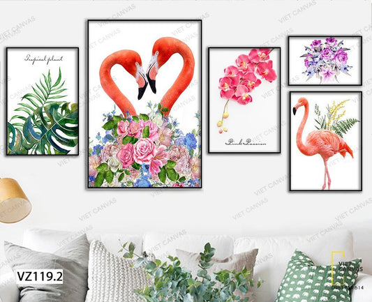 Bộ 5 Tranh Cặp Đôi Hồng Hạc Và Hoa Lá - VZ119.2