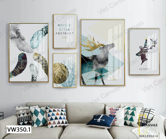 Bộ 5 Tranh Cây Khô, Quotes, Lông Vũ Và Hươu Nai - VW350.1