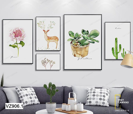Bộ 5 Tranh Chú Hươu Bên Đóa Hoa Và Cây Lá, Xương Rồng - VZ906.1