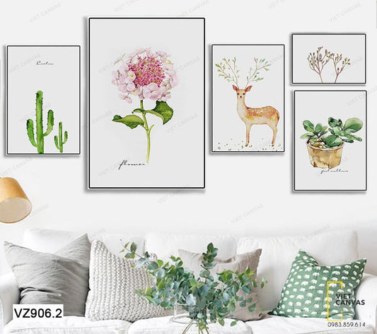 Bộ 5 Tranh Chú Hươu Bên Đóa Hoa Và Cây Lá, Xương Rồng - VZ906.2
