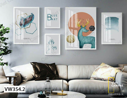 Bộ 5 Tranh Chú Hươu Nai Và Chiếc Lông Vũ Ấn Tượng - VW354.2