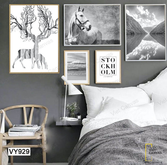 Bộ 5 Tranh Chú Ngựa Và Hươu Nai, Biển, Đồi Núi Và Quotes - VY929