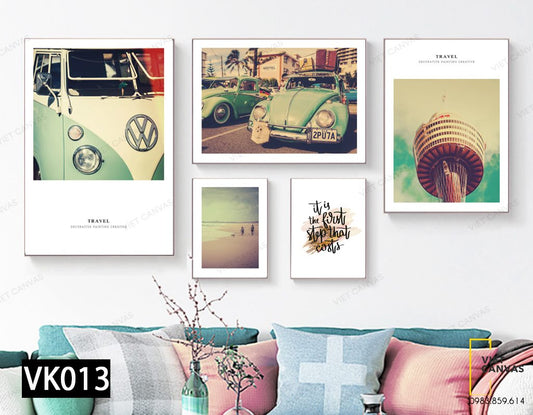 Bộ 5 Tranh Chiếc Xe Cổ, Bãi Biển Và Quotes - VK013