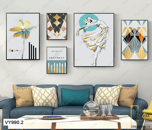 Bộ 5 Tranh Cô Gái Nhảy Múa, Họa Tiết Và Bông Hoa - VY990.2