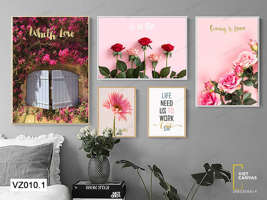 Bộ 5 Tranh Hoa Hồng, Hoa Cúc, Khung Cửa Sổ Và Quotes - VZ010.1