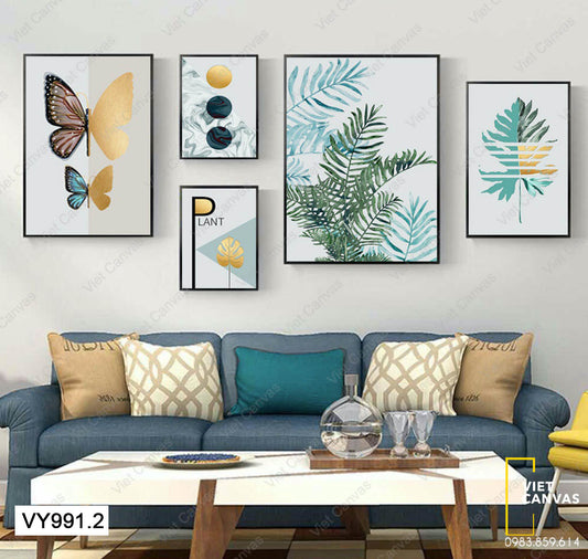 Bộ 5 Tranh Con Bướm Và Những Cành Lá Xanh - VY991.2
