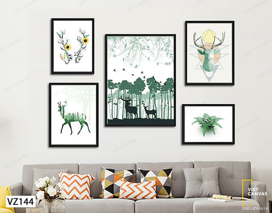 Bộ 5 Tranh Con Hươu Và Cặp Sừng Trong Khu Rừng - VZ144