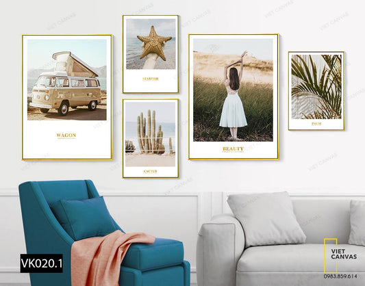 Bộ 5 Tranh Cô Gái, Lá Cây, Xương Rồng Và Chiếc Xe Lam - VK020.1