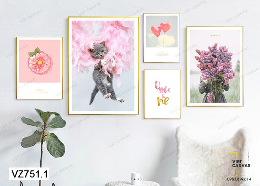 Bộ 5 Tranh Chú Mèo, Bó Hoa, Trái Tim Và Quotes - VZ751.1