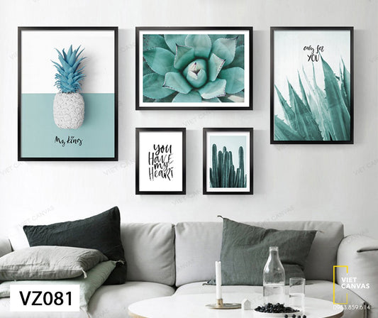 Bộ 5 Tranh Dứa, Sen Đá, Xương Rồng, Nha Đam Và Quotes - VZ081