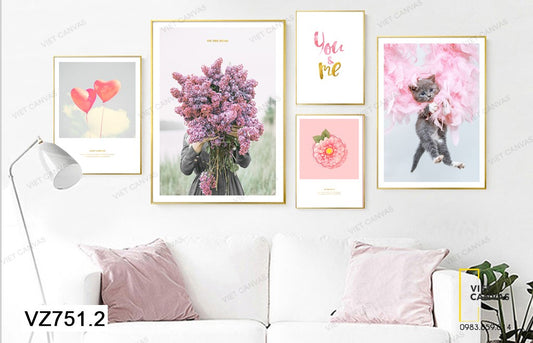 Bộ 5 Tranh Chú Mèo, Bó Hoa, Trái Tim Và Quotes - VZ751.2