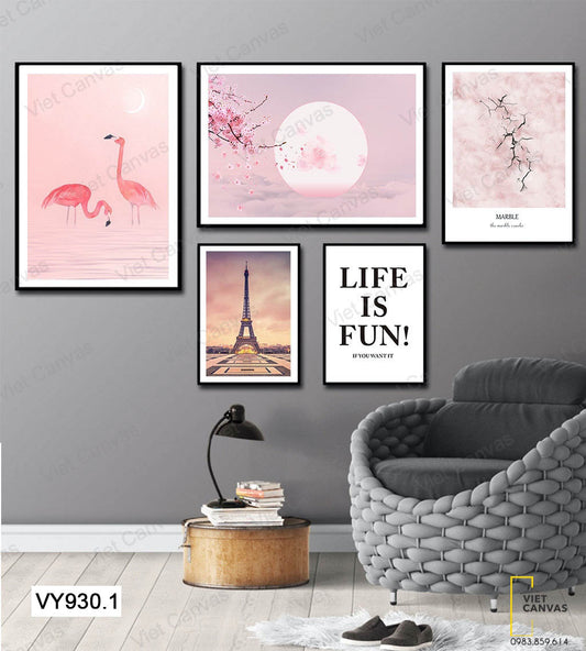 Bộ 5 Tranh Quotes, Đôi Hồng Hạc, Hoa Anh Đào Và Tháp Eiffel - VY930.1
