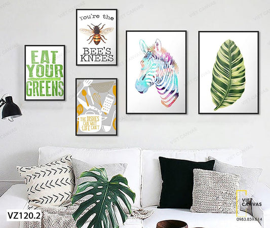 Bộ 5 Tranh Chú Ong, Ngựa Vằn, Lá Xanh, Dụng Cụ Nấu Ăn Và Quotes - VZ120.2