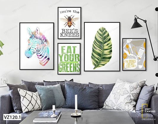 Bộ 5 Tranh Lá Xanh, Ngựa Vằn, Dụng Cụ Nấu Ăn Và Quotes - VZ120.1