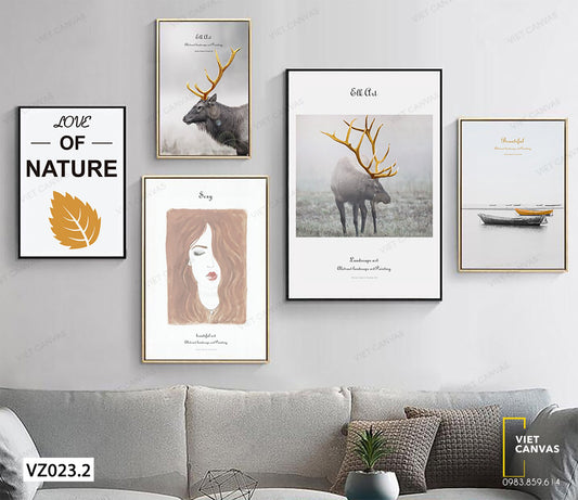Bộ 5 Tranh Hươu, Cô Gái, Chiếc Thuyền Và Quotes - VZ023.2