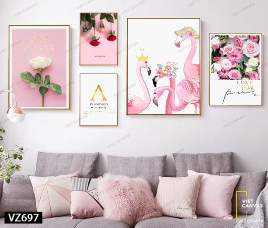 Bộ 5 Tranh Hoa Hồng Và Hồng Hạc - VZ697