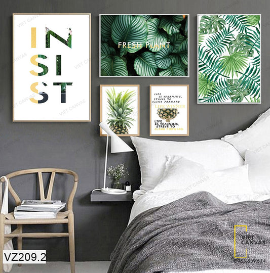 Bộ 5 Tranh Lá Cây Xanh, Dứa Và Quotes - VZ209.2
