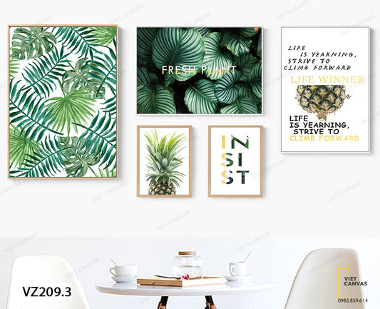 Bộ 5 Tranh Dứa, Lá Cây Xanh Và Quotes - VZ209.3