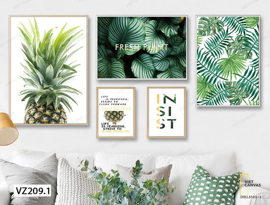 Bộ 5 Tranh Dứa, Lá Xanh Và Quotes - VZ209.1