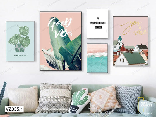 Bộ 5 Tranh Chậu Cây, Tàu Lá Chuối, Bãi Biển, Mái Ngói Và Quotes - VZ035.1