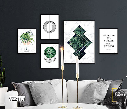 Bộ 5 Tranh Cây Lá Xanh, Vòng Tròn Và Quotes - VZ211.1