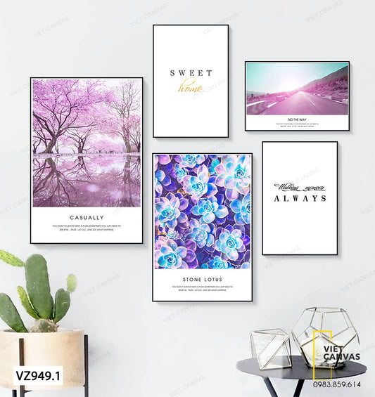 Bộ 5 Tranh Quotes, Hoa Đào, Sen Đá Và Con Đường - VZ949.1