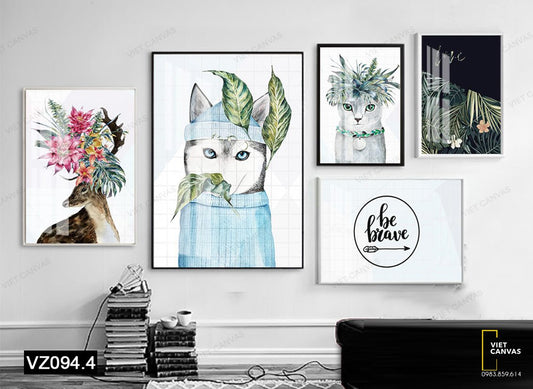 Bộ 5 Tranh Hoa Lá Và Chú Mèo - VZ094.4