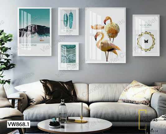 Bộ 5 Tranh Hồng Hạc, Lông Vũ, Đỉnh Núi, Con Bướm Và Trừu Tượng - VW868.1