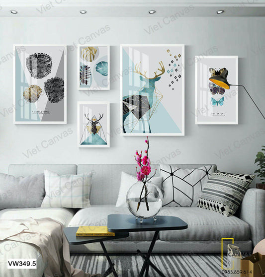 Bộ 5 Tranh Con Bướm, Hươu Nai Và Lá Cây - VW349.5
