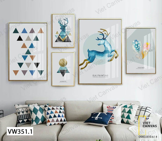 Bộ 5 Tranh Hươu Nai Và Lông Vũ - VW351.1