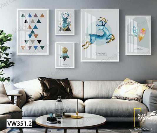 Bộ 5 Tranh Hươu Nai Và Lông Vũ Ấn Tượng - VW351.2