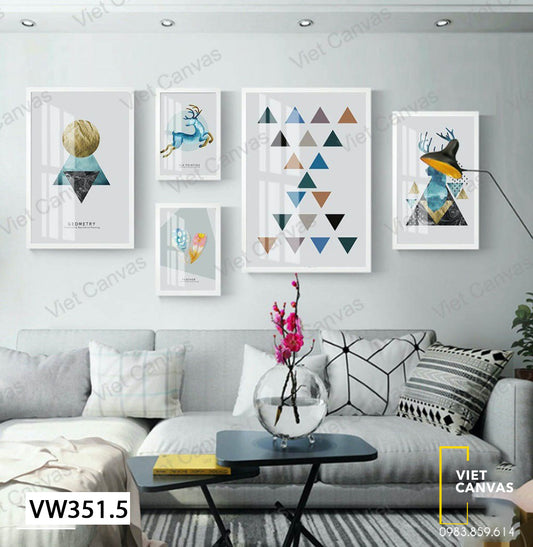 Bộ 5 Tranh Hươu Nai Và Lông Vũ Độc Đáo - VW351.5