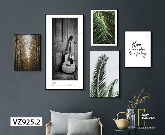 Bộ 5 Tranh Cây Đàn, Lá Xanh Và Quotes - VZ925.2