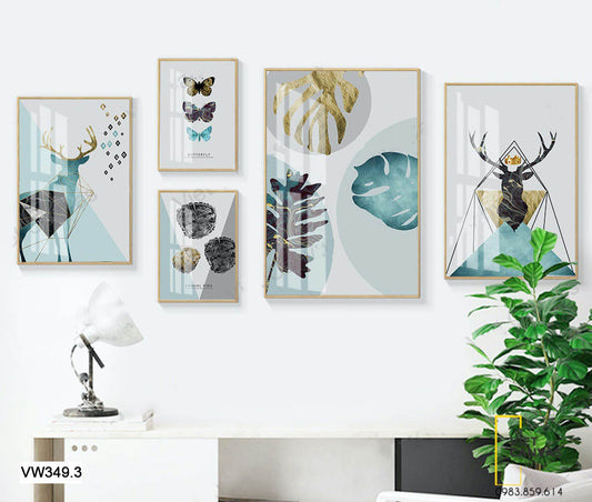 Bộ 5 Tranh Lá Cây Và Hươu Nai Ấn Tượng - VW349.3