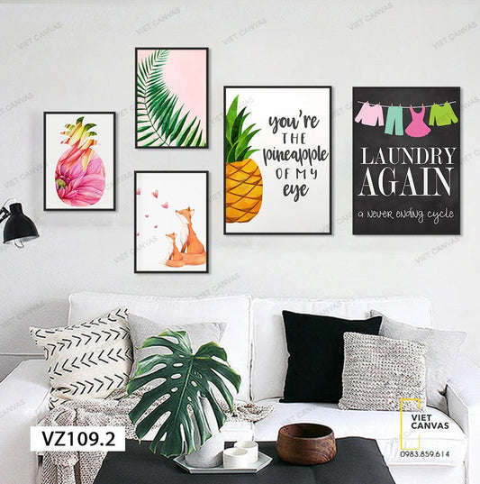 Bộ 5 Tranh Chú Sóc, Quả Dứa, Lá Cây Và Quotes - VZ109.2