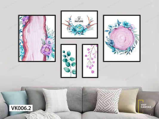 Bộ 5 Tranh Sừng Hươu, Vân Gỗ Và Hoa Lá - VK006.2