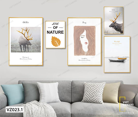 Bộ 5 Tranh Hươu, Cô Gái, Chiếc Thuyền Và Quotes - VZ023.1