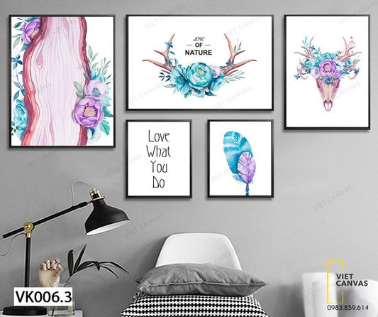 Bộ 5 Tranh Sừng, Vân Gỗ, Hoa Lá Và Quotes - VK006.3