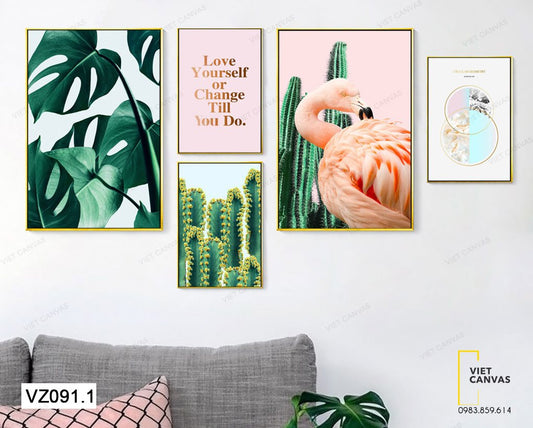 Bộ 5 Tranh Hạc, Lá Xanh, Xương Rồng Và Quotes - VZ091.1