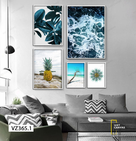 Bộ 5 Tranh Lá Cây Xanh, Quả Dứa, Biển Cả Và Cành Cây Khô - VZ365.1
