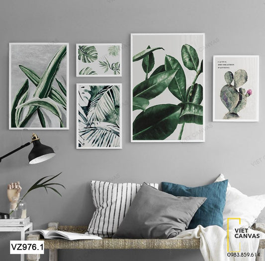 Bộ 5 Tranh Màu Xanh Tươi Mát Của Lá Cây - VZ976.1